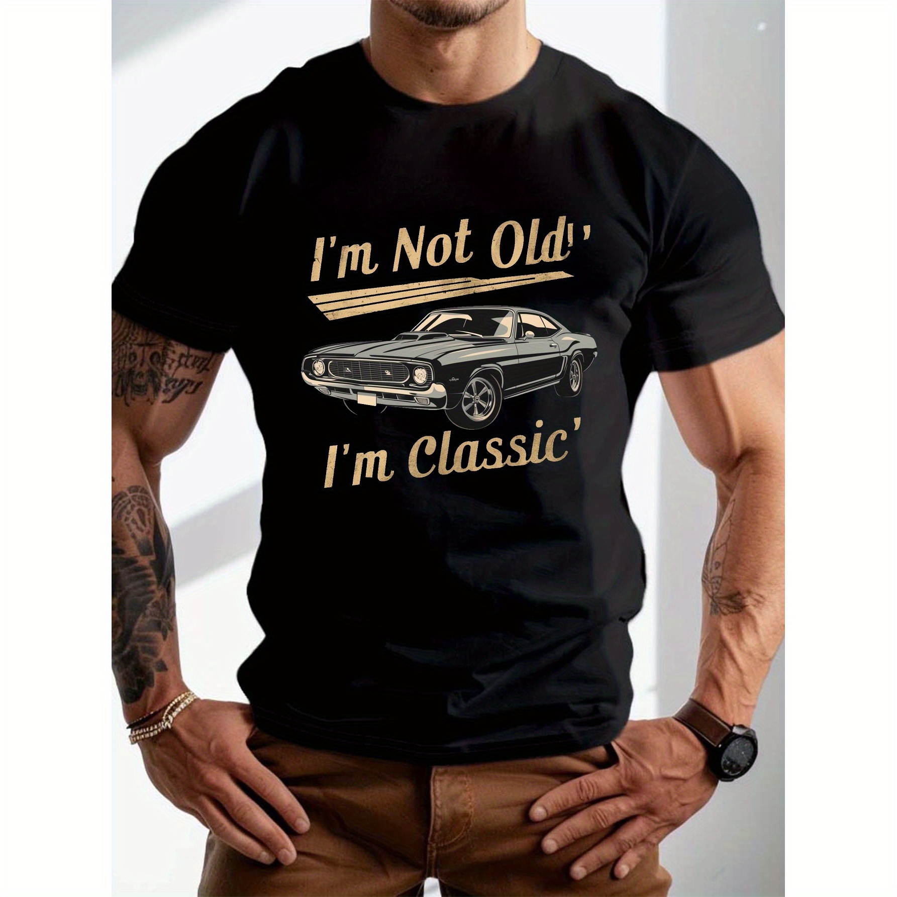 

Round Neck Muscle Car Vintage Pattern Print Short Sleeve Men's T-shirt, Summer Casual Loose Sports Men's Tops, Soft And Breathable Comfy Men's T-shirt
