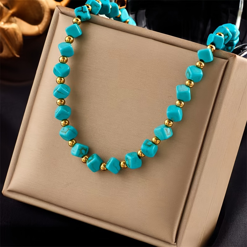 

A Golden Stainless Steel Jewelry Turquoise Necklace Instagram French Retro Fashion Casual Minimalist Trend Versatile For Men And Women Daily Commuting, Street Gatherings, Festivals, Parties, And Wear