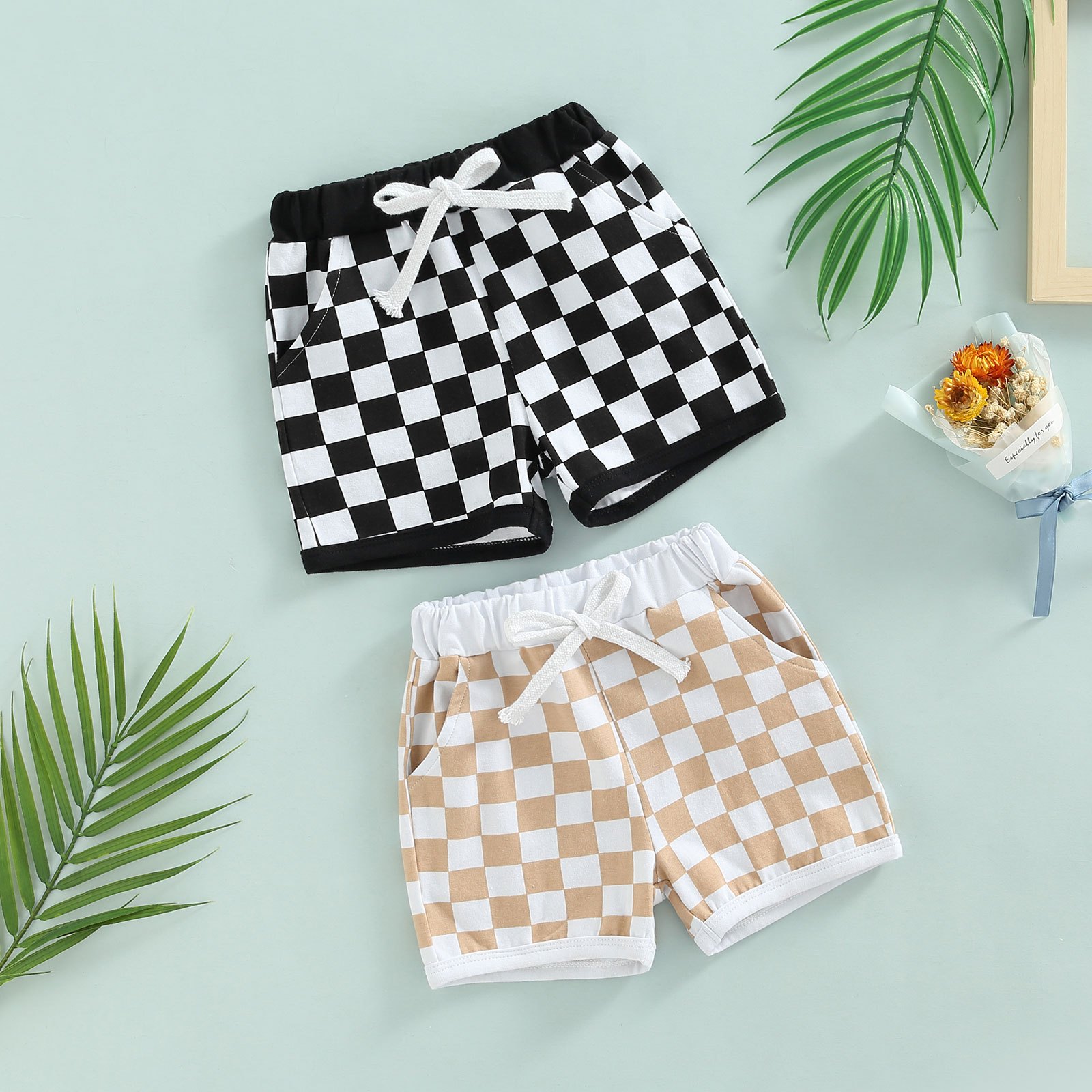 

Baby Boys Shorts With Black And White Checkerboard Print, Elastic Waist Drawstring Casual Pocket Decoration Clothing