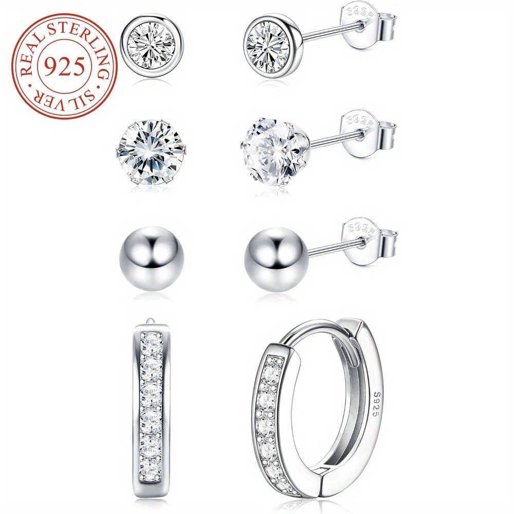 

Ensemble de 4 paires de clous en argent sterling 925 pour femmes, clous créoles en argent hypoallergéniques, clous créoles en zirconia pour cartilage adaptés à plusieurs piercings, 5,8 g/0,2 oz.