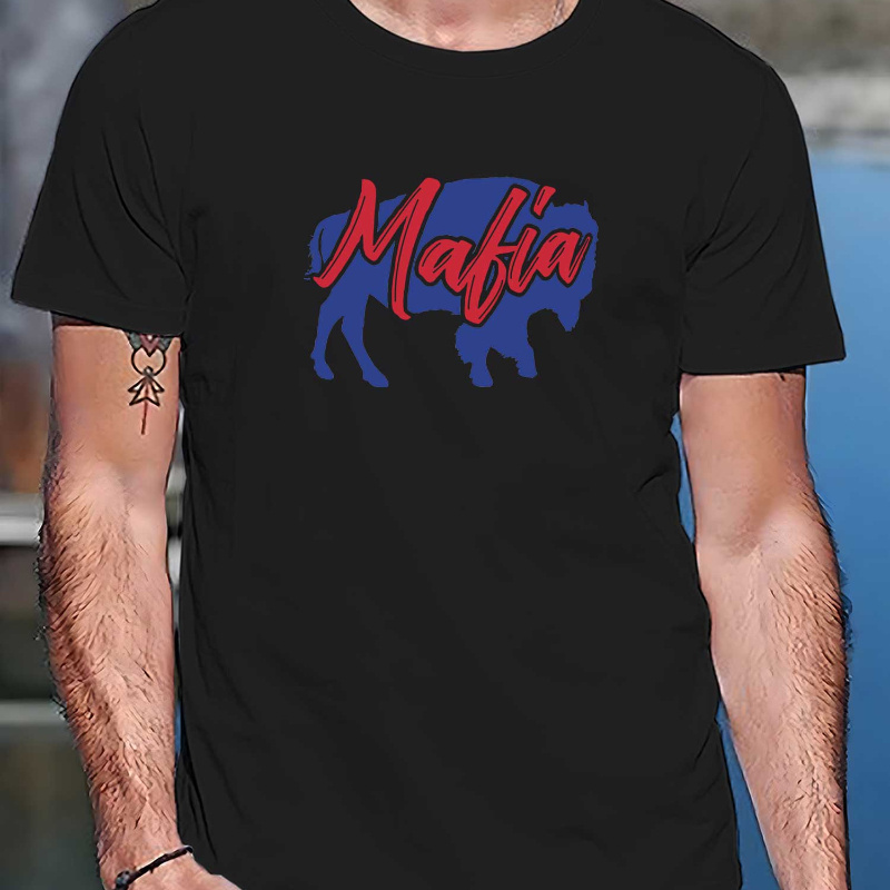 

Mafia Letter Graffiti Print Men's Crew Neck Short Sleeve T-shirt, Trendy Tees, Casual Comfortable Lightweight Top For Summer