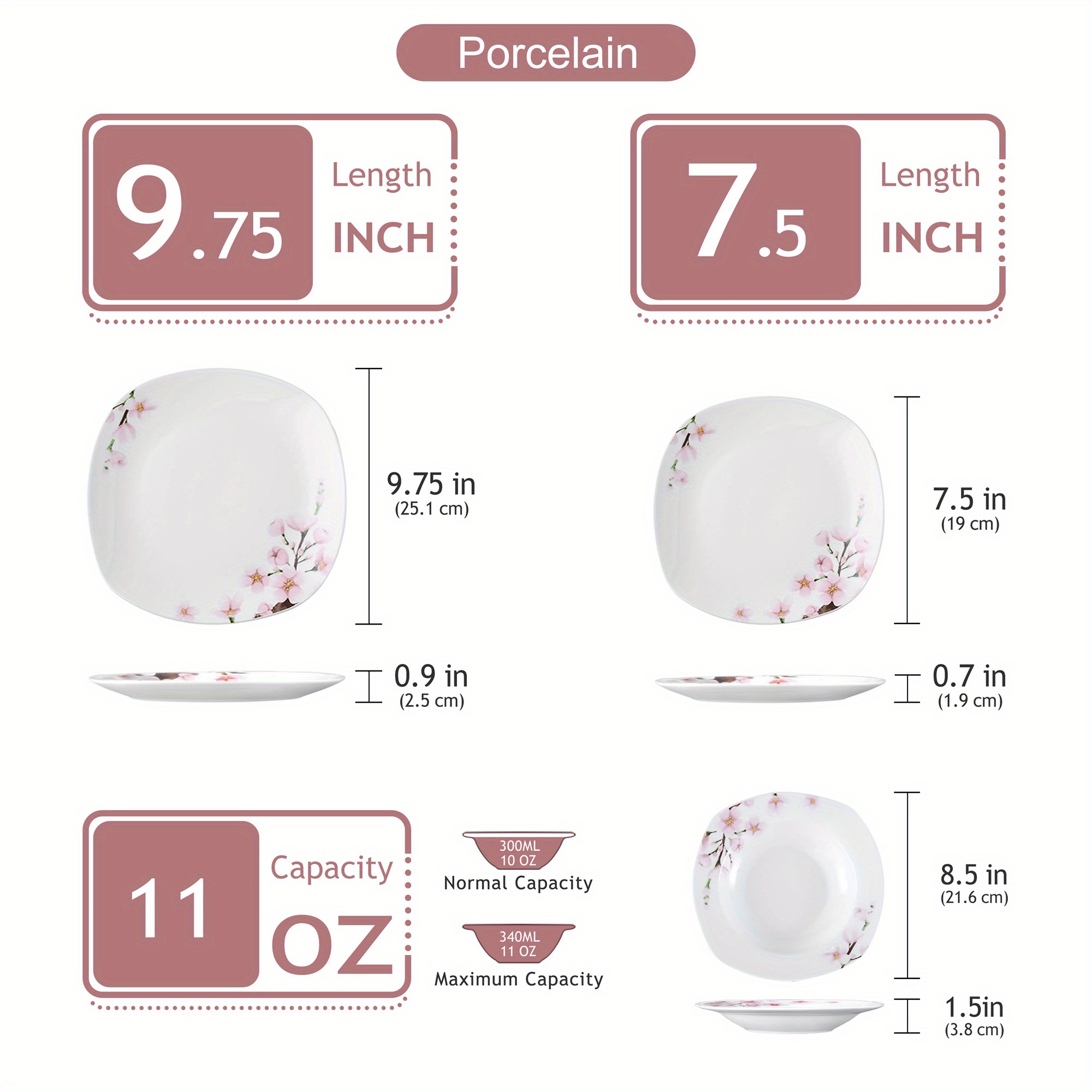 E-shop 18-teiliges Porzellan-Kombinationsset Elfenbeinweiß Rosa Blumenmuster Runde Tischdekoration Abendessen Sets von 6