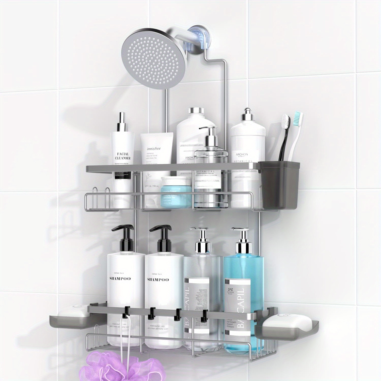 

Shower Caddy Hanging Bathroom Organizer: Shower Shelf For Inside Shower - No Drilling Shower Racks Over Showerhead - Bath Shower Shelves Rack For Shampoo Soap Silver