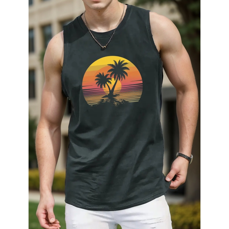 

Retro Style Painting Seaside Sunset Coconut Trees Print Men's New Trendy tank Top, Casual Sleeveless Athletic Tank Top, Breathable Comfy Tops, Standard Size Men's Vest