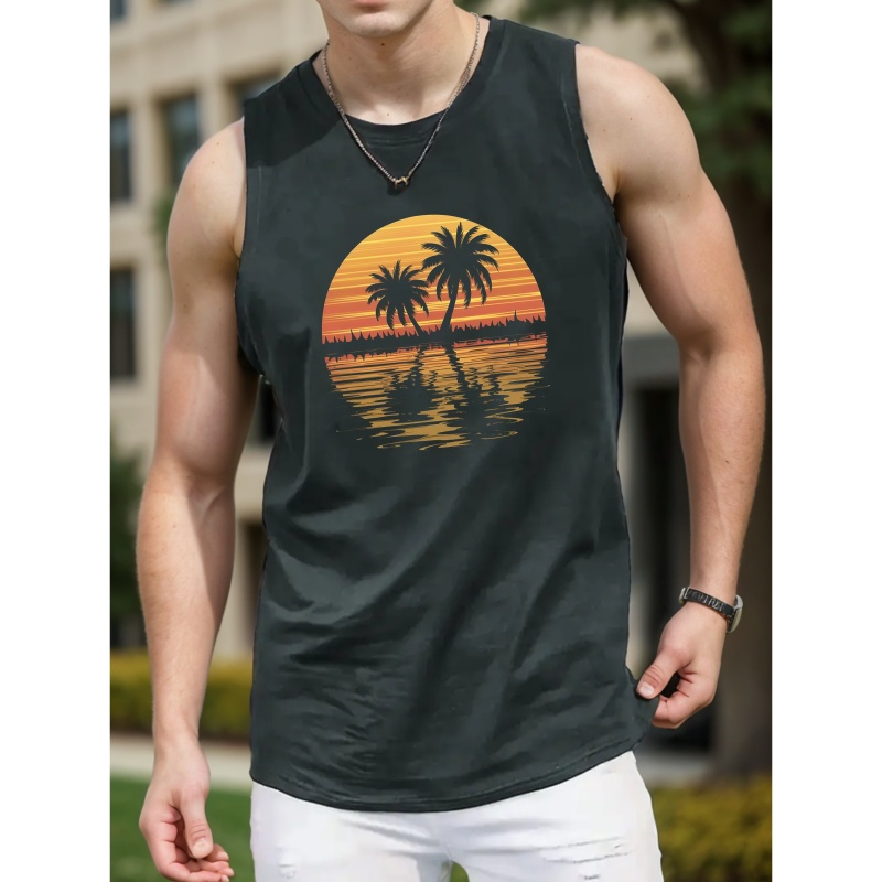 

Seaside Sunset Coconut Trees Print Men's New Trendy tank Top, Casual Sleeveless Athletic Tank Top, Breathable Comfy Tops, Standard Size Men's Vest