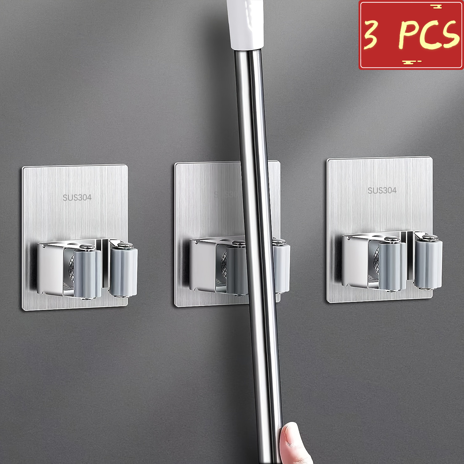 

[top-] 3pcs Steel Mop & - Mounted For , Bathroom, - Cleaning Organizer