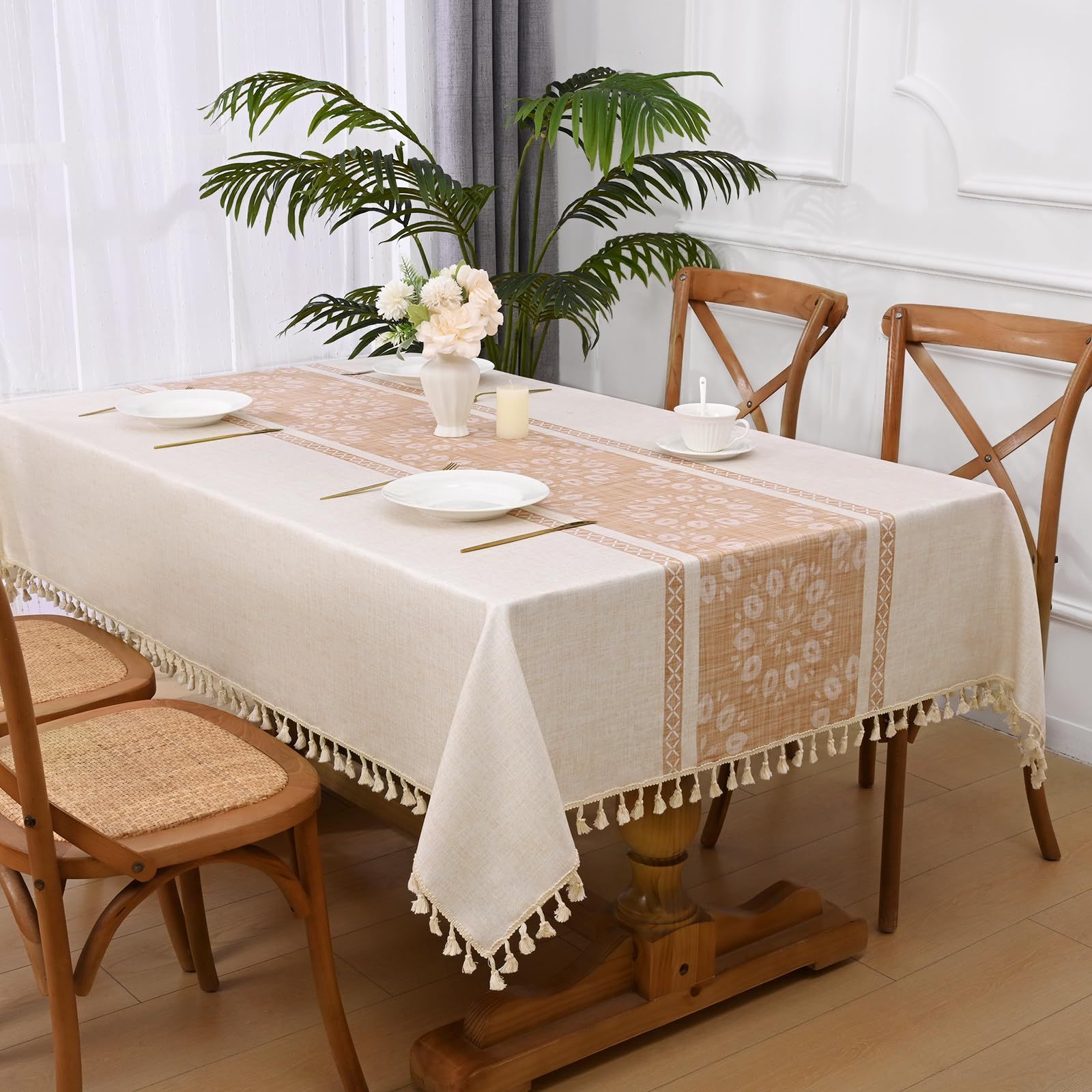 

1pc Table Cloth Rectangle Table, Polyester Fibre, Spillproof Waterproof Linen Tablecloth Wrinkle Free, French Vintage Floral Rectangle Tablecloth With Tassels For Table Dining.