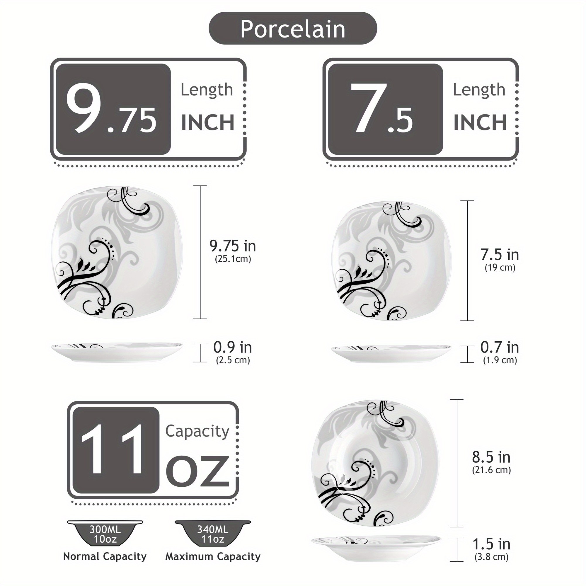 E-shop 36-teiliges Tafelservice, elfenbeinweiß, Geschirrset, schwarze Aufkleber, Porzellanteller, 12er-Set