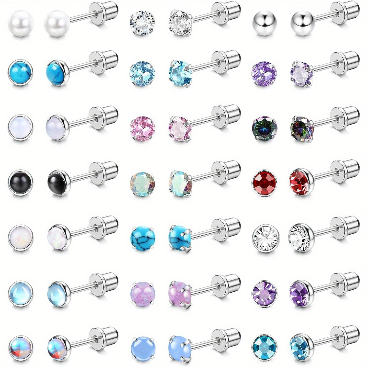 

21 Pairs Stainless Steel Screw Back Stud Earrings Set, 20 Guage Flatback Piercing Jewelry With Cz Opal Turquoise, Classic Tribal Style For Women, Daily & Party Wear, Valentine's Day Gift