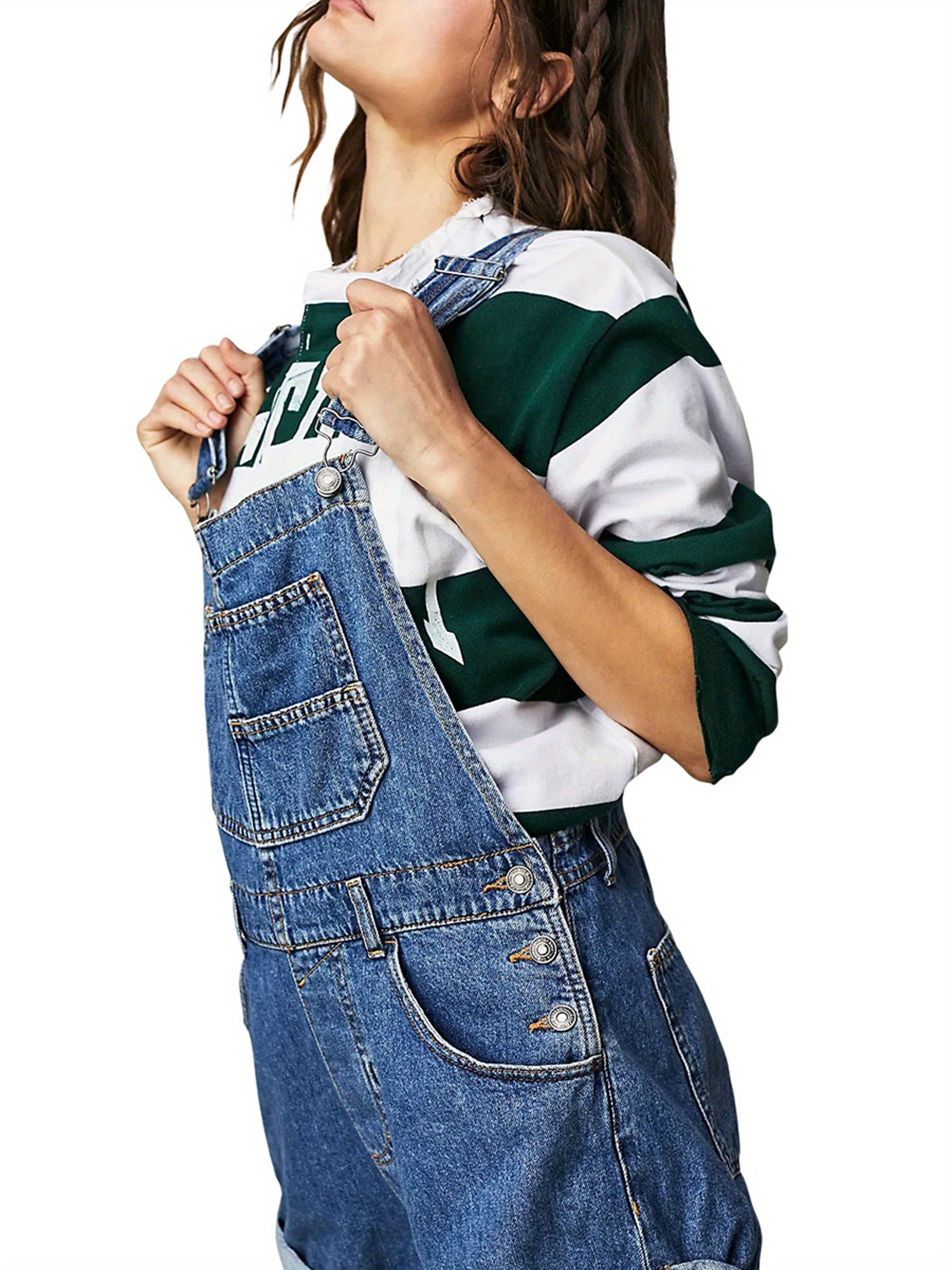 Women's Denim Bib Overalls Romper Shorts Adjustable Straps, Multiple  Pockets Rolled Cuff Details Shortalls for Wear