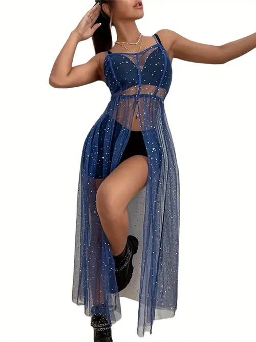 womens sequined sleeveless mesh beach cover up dress vintage square neck sheer split midi smock with decorative fringe detailing