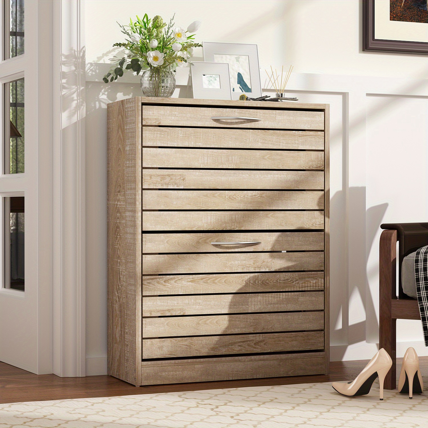 TEMU Modern Shoe Storage Cabinet With 2 Flip Drawers And Louver Doors, Wood 2-tier Shoe Rack Organizer