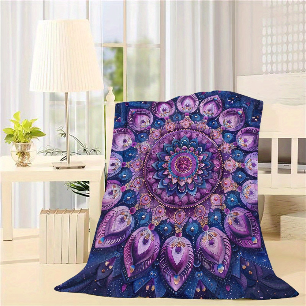 TEMU 1pc Purple Flower Print Flannel Blanket Digital Printing Sofa Throw Blanket Air Conditioning Blanket Lunch Break Blanket Dual-sided Fleece Gift