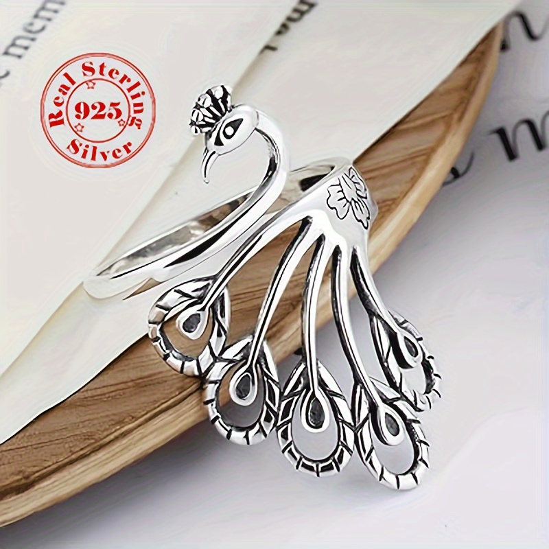 TEMU Trendy Hollow Peacock Made Of S925 Sterling Silver, Vintage Style, Adjustable Opening, Exquisite Jewelry Gift For Birthdays, Weighing 3.65g Or