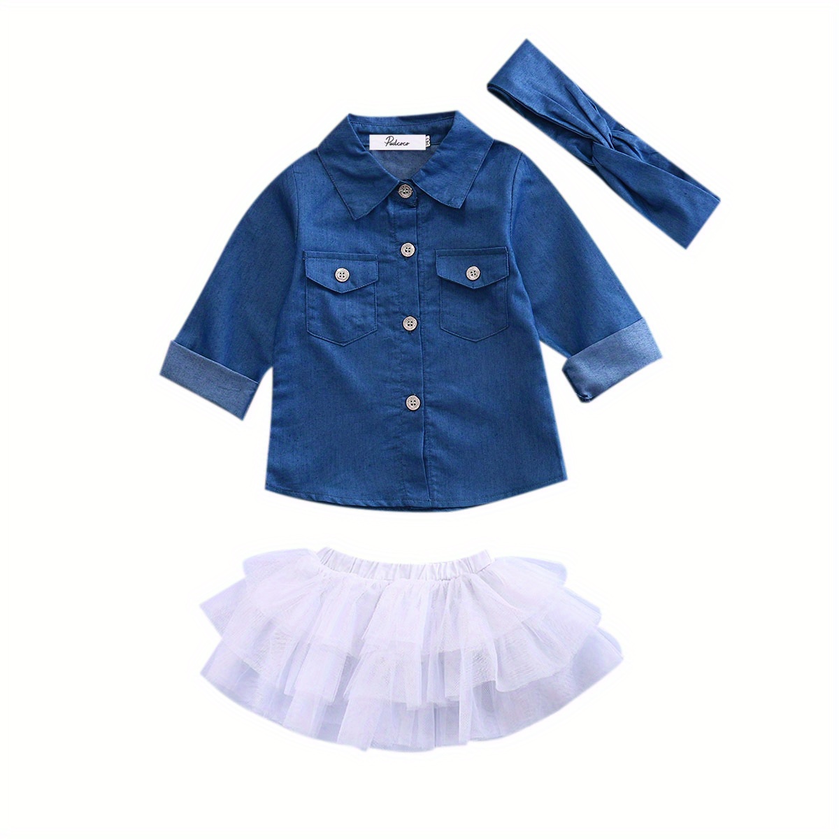 

0-5 Years Little Girls 3pcs Outfit Set, Solid Color Long Sleeve Button-down Folded Collar Blouse, Mesh Tutu Short Skirt, Hair Band Set