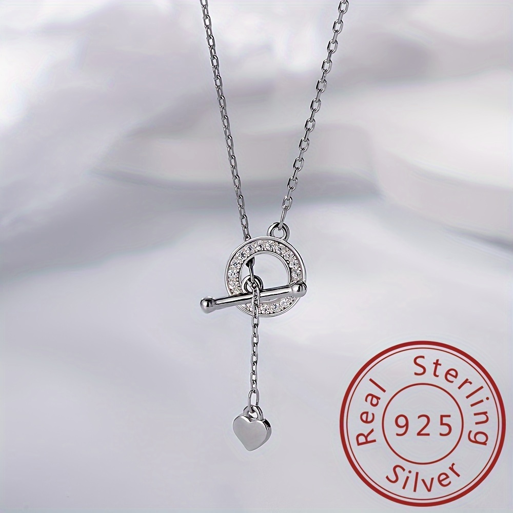 

Sterling Silver 925 Sparkling Circle Heart Pendant Necklace, Elegant Fashion Ot Clasp Choker, Simple Style Zirconia Stone Collar Necklace, Silver Neck Jewelry