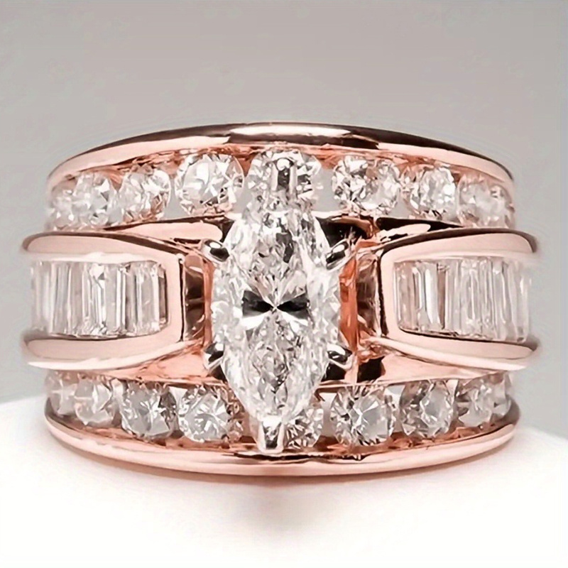 Women's Wide Engagement Anniversary Ring with Zirconia, Available in Gold, Rose Gold, and Silver, Sizes 5-12
