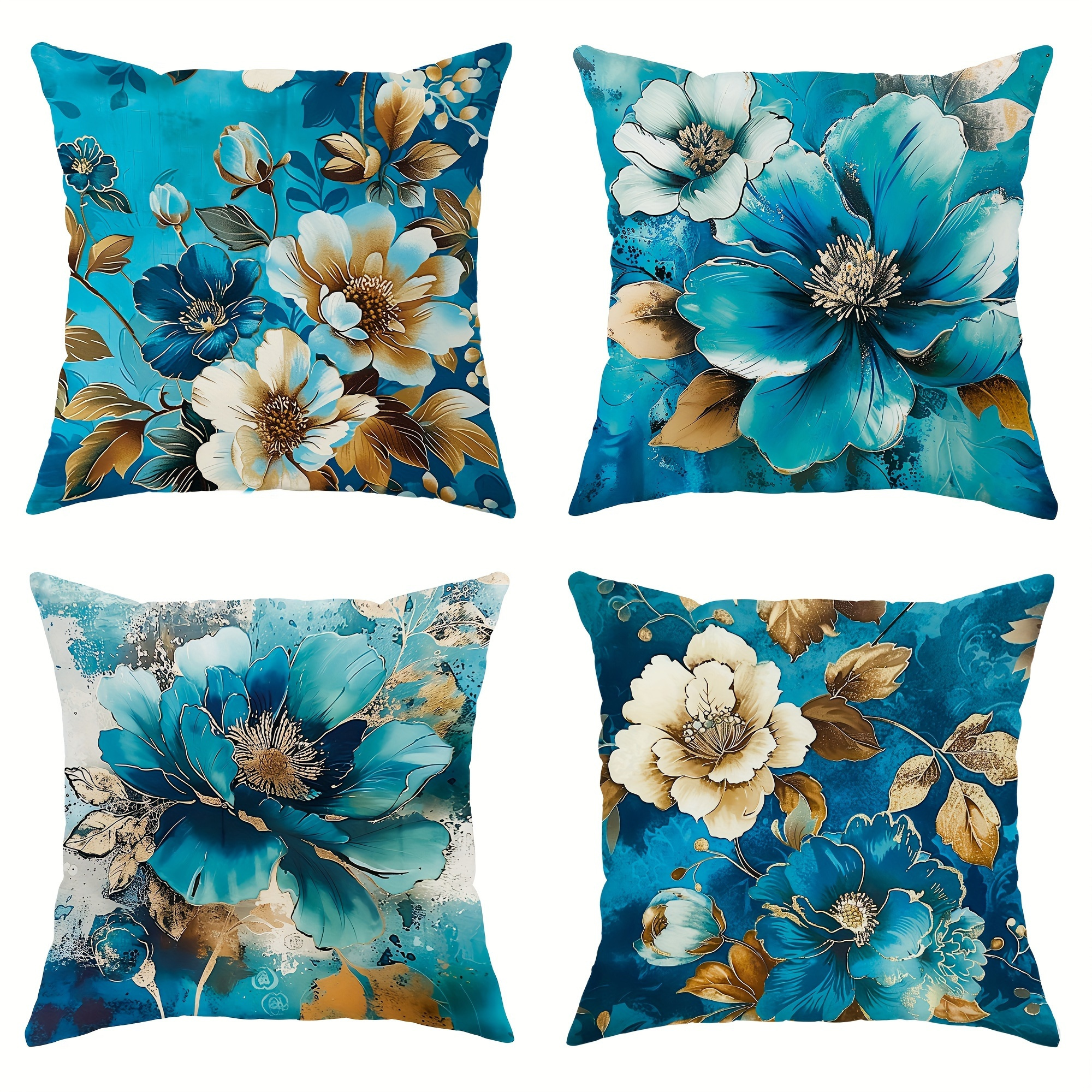 

4pcs Set Of Luxurious Turquoise Floral & Botanical Print Throw Pillow Covers - Soft Polyester, Zip Closure, Machine Washable - Perfect For Living Room, Bedroom, And Sofa Decor