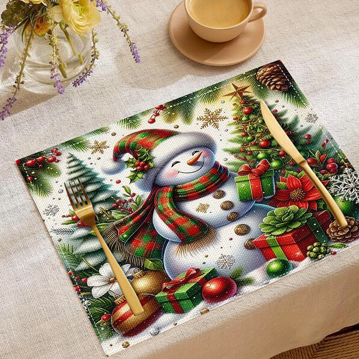 

4pcs Christmas Themed Linen Place Mats - Woven Square Table Mats With Heat Resistant Protection, Festive Snowman & Holiday Gift Design, Machine Washable Dining Table Placemats