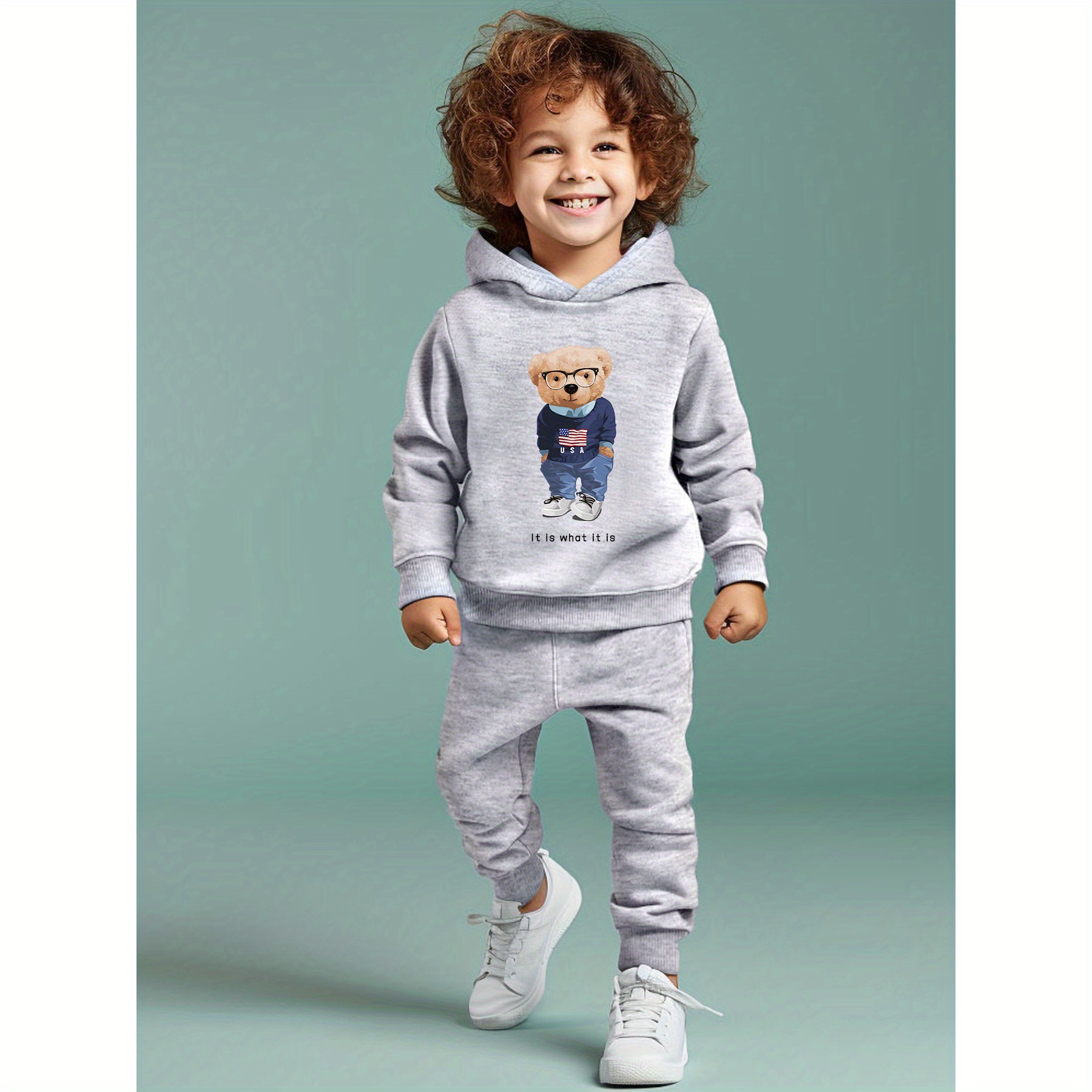 

2pcs Boy's Spring/autumn Casual Set - 'it Is What It Is' Cartoon Bear Print Long Sleeve Hooded Sweatshirt + Pants Comfy Versatile Set As Gift