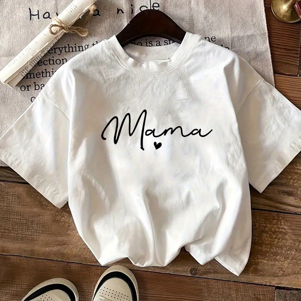 

Women's Casual Polyester T-shirt With "mama" Letter Print, Short Sleeve Crew Neck, Geometric Pattern, Knit Top, 180gsm - Pink