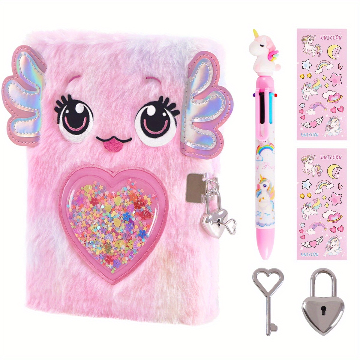 TEMU Charming Axolotl Journal With Lock - & Fluffy Diary Set , Includes Stickers, For Writing And Drawing, Ages 6-8, Tie-dye