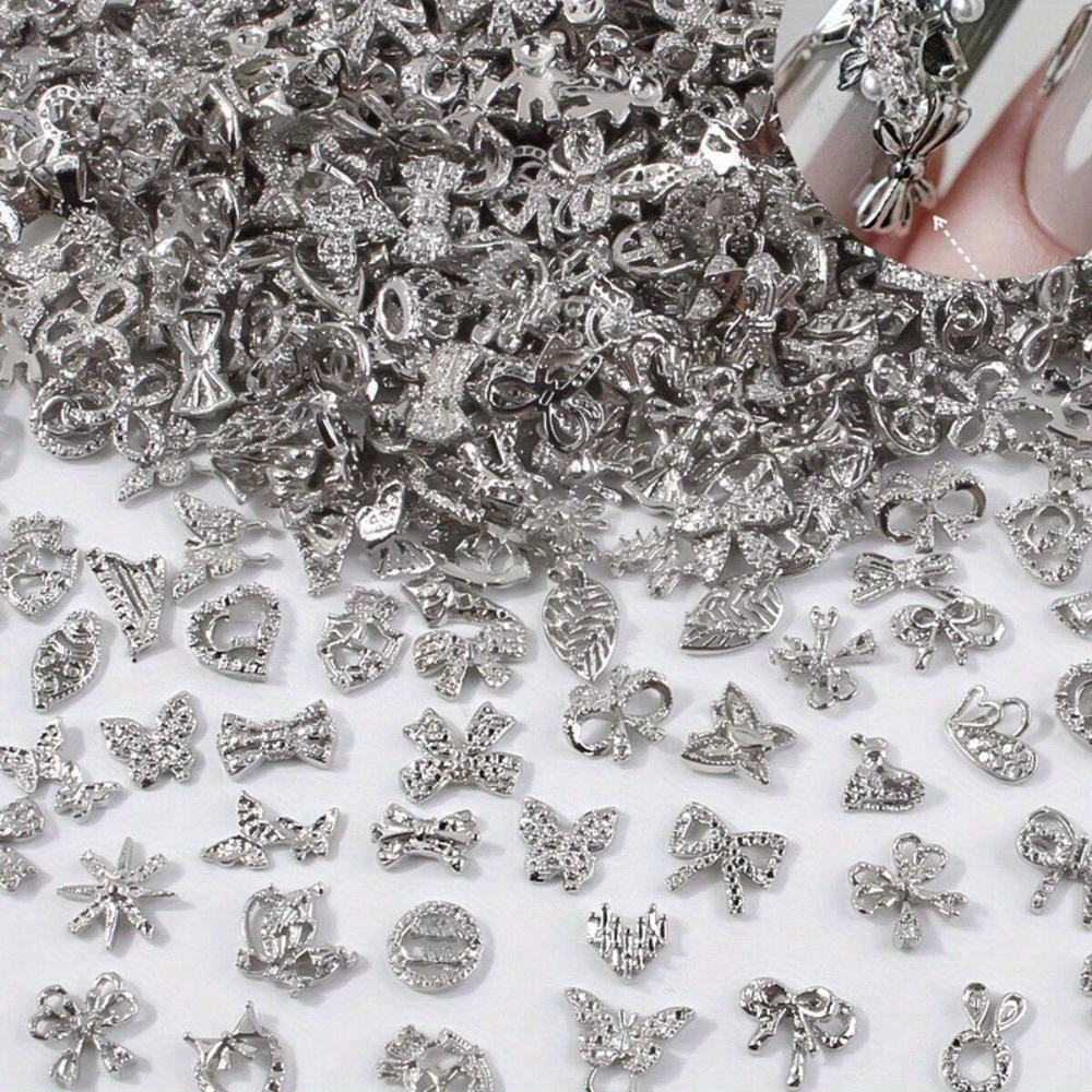 

50pcs Mixed Silver Metal Nail Charms - 3d Y2k Butterfly, Bow, Crown & More Designs - Unscented Nail Art Accessories For Acrylic & Short Nails - Decorative Gemstone Nail Art Supplies