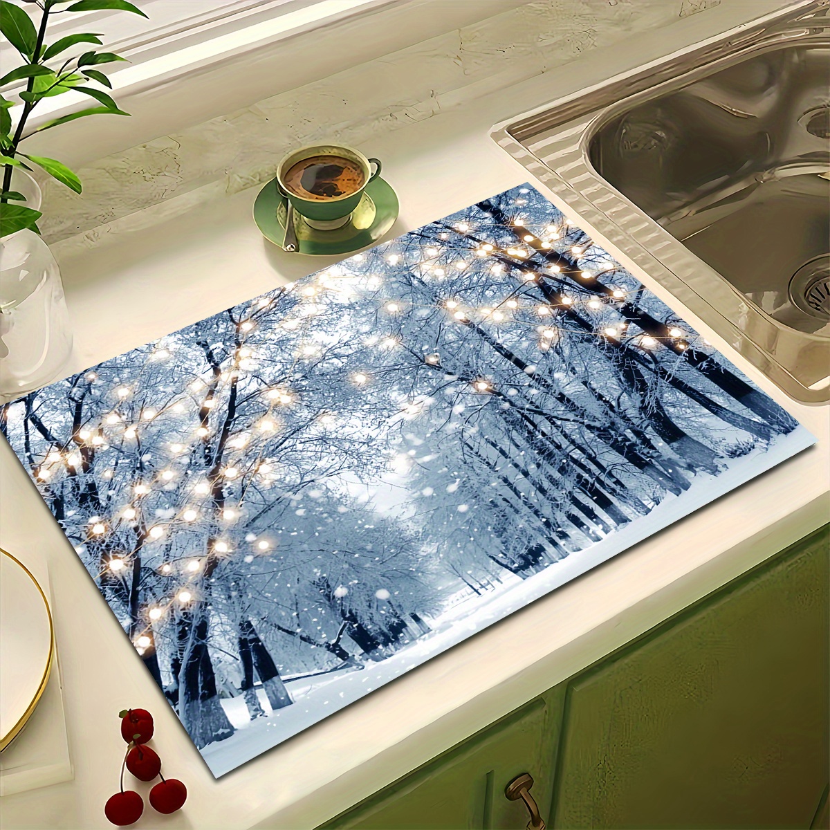 

1pc Christmas Winter Snow Forest Print Polyester Dish Drying Mat, Absorbent Kitchen Sink Counter Protector, Heat-resistant Non-slip Tableware Pad