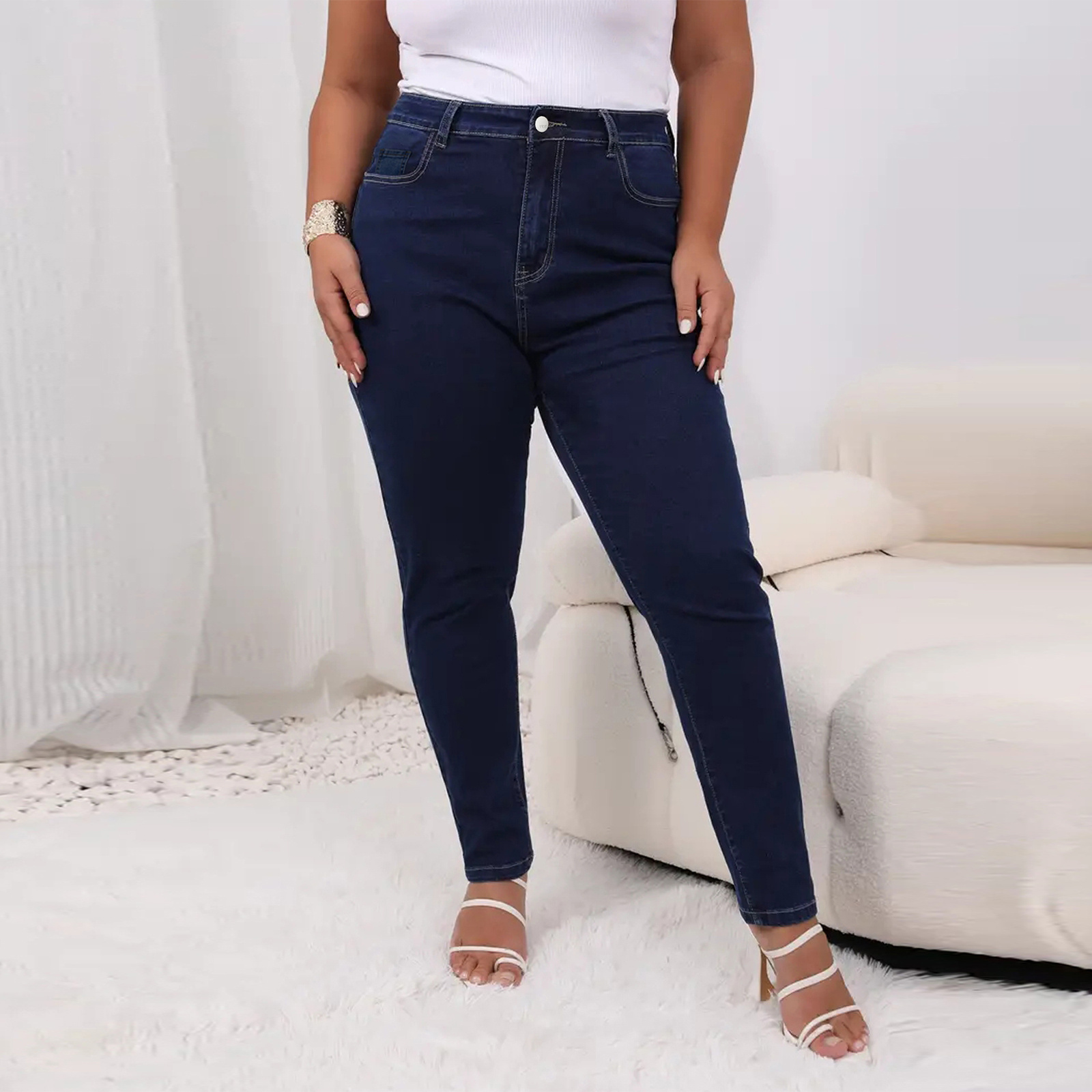 

Plus Size Skinny Fit Plain Washed Blue Casual Style Zipper Button Closure Denim Pants, Women's Denim Jeans & Clothing