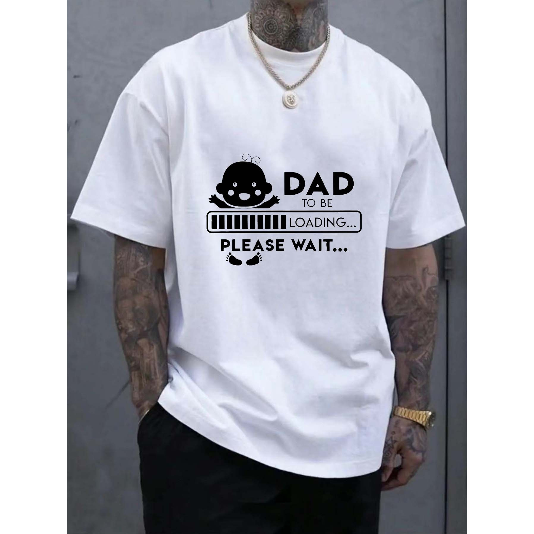 

Dad To Be Loading Please Wait In Creative Design Print Men's Crew Neck Short Sleeve T-shirt, Casual Comfy Lightweight Top For Summer Daily Wear