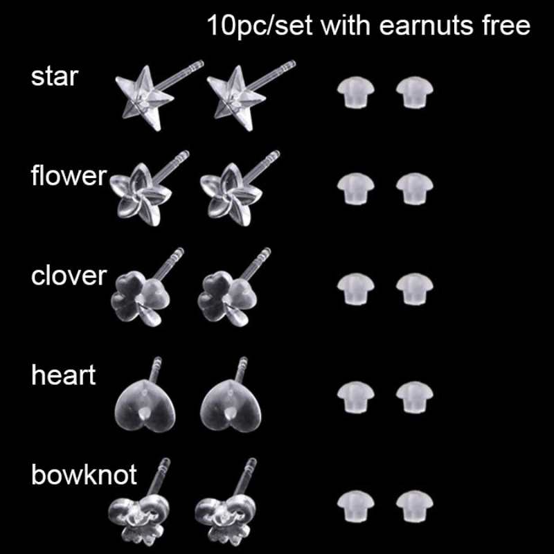 10pcs/set Clear Resin Stud Earring Invisible Ear Pins With Earnuts Simple Heart Shape Piercing Earrings