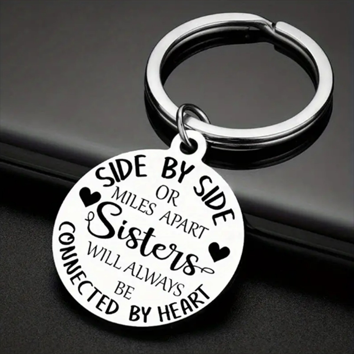 

1pc Stainless Steel Sisters Keychain - Street Style, "side By Side Or , Sisters Connected By Heart" Engraved Inspirational Circle Pendant, Unbreakable Keepsake