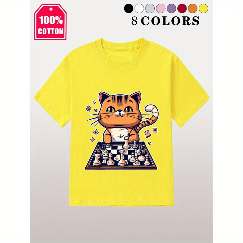 

100% Cotton Girls T-shirt, Chess-playing Cat Graphic Print, Casual And Comfortable Crew Neck, Short Sleeve Tee, Summer Top