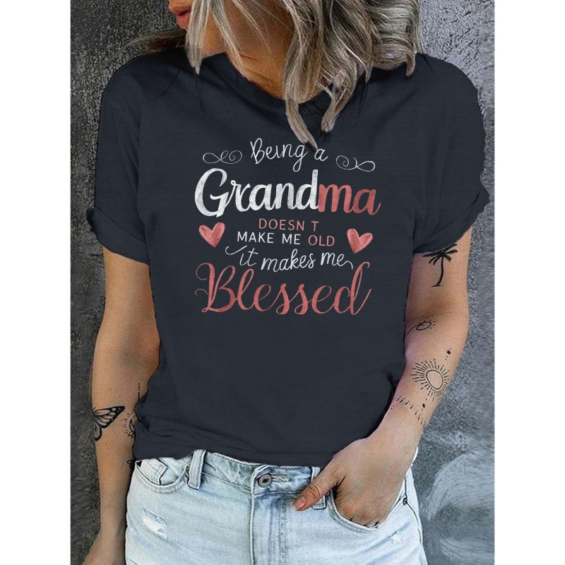 

Grandma Blessed Print Crew Neck T-shirt, Casual Short Sleeve Fit Comfortable Summer T-shirt, Women's Clothing