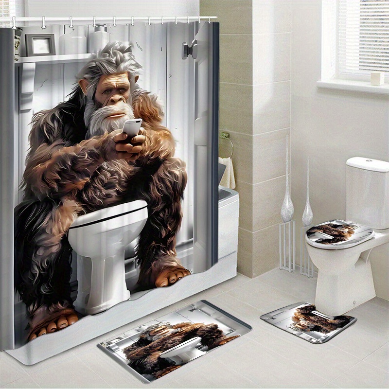 

Festive Gorilla Bathroom Set: Includes 12 Free Hooks, Waterproof Shower Curtain, Bath Mats, Toilet Covers, And Non-slip Rug - Polyester Fabric, Suitable For Windows And Home Decor