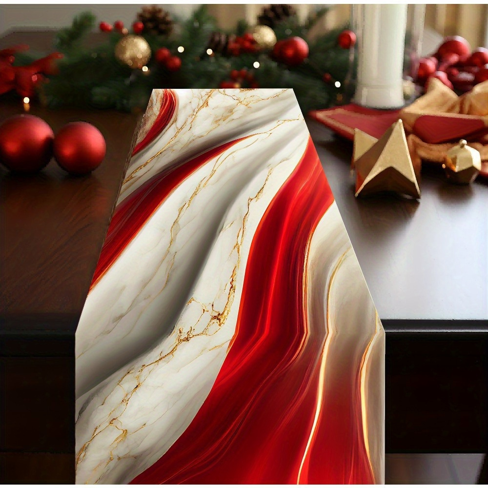 

Red & Golden Marble Pattern Table Runner - Polyester, Woven Rectangular Design For Kitchen & Dining Room Decor, Perfect For Parties & Home Accents