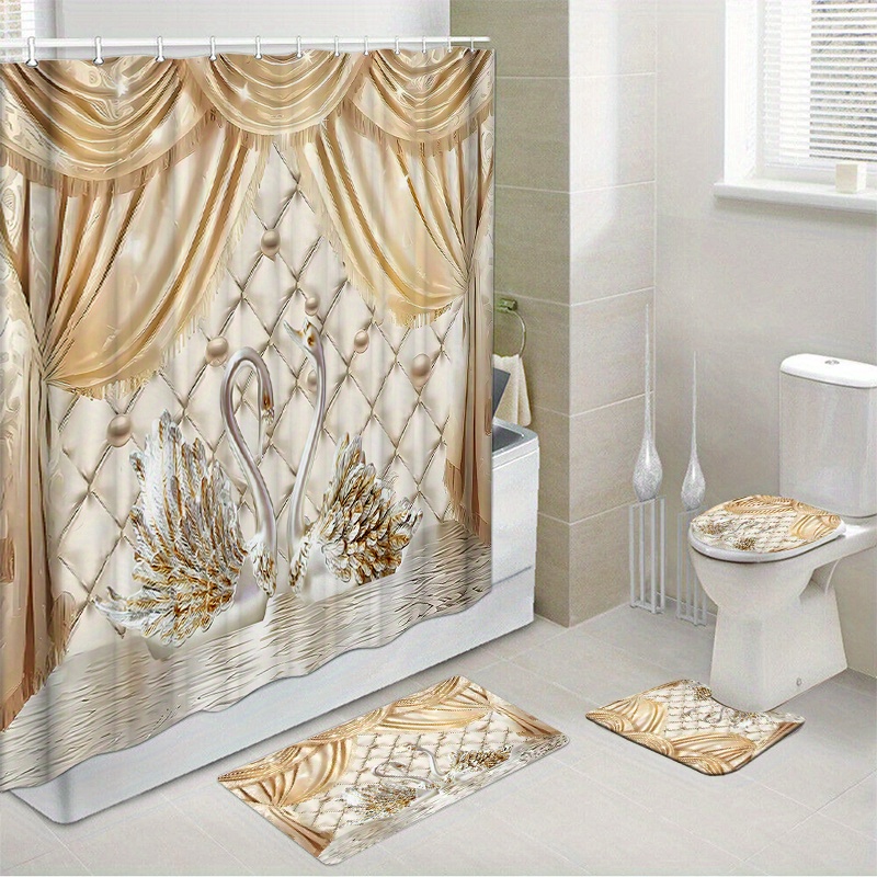 

1pc/4pcs Waterproof Shower Curtain Set With 12 Hooks And Bath Mats Toilet Covers Seat For Bathroom Non-slip Rug Carpet Polyester Fabric Curtain For Windows Bathroom Accessories Home Decor