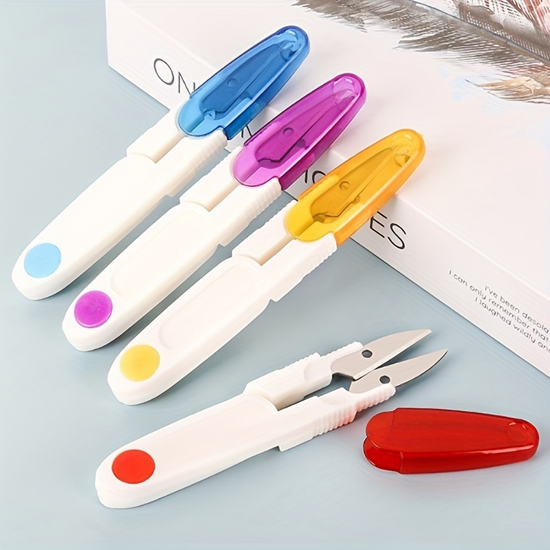 

4pcs V-shaped Small Scissors With Protective Sheath - Plastic Spring Yarn & Thread For Stitch And Office Use