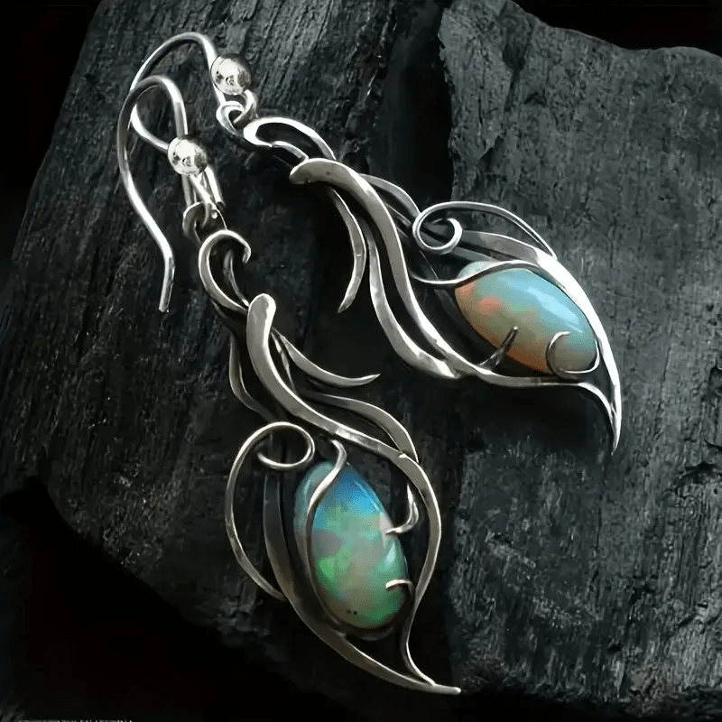 E-shop Vintage Unregelmäßige Form Synthetischer Ovaler Opal Dekor Hängeohrringe Böhmischer Eleganter Stil Silbervergoldenetes Schmuck Feiertags Ohr