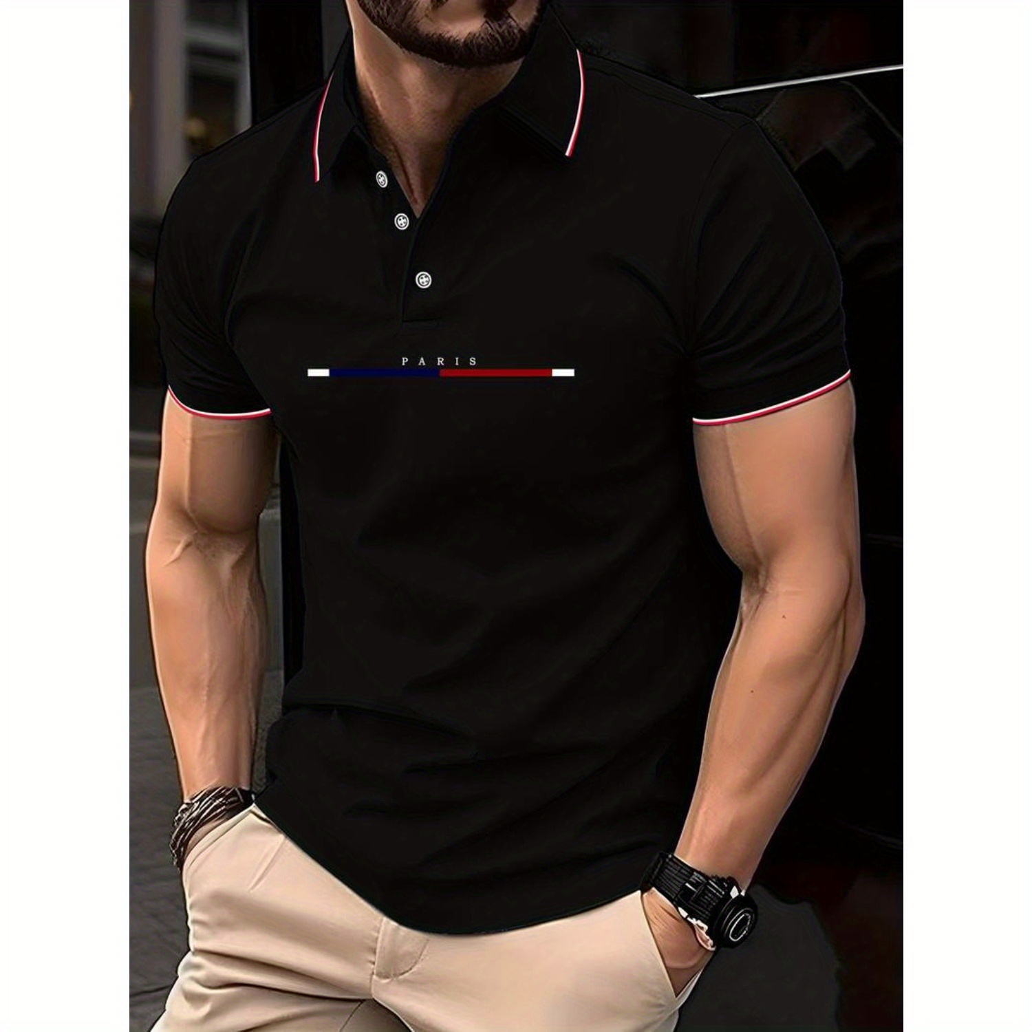 

Paris With Colored Straight Line Pattern Print, Men's Golf T-shirt Breathable Comfortable Casual Short Sleeve Polyester Button Slight Stretch For Daily Wear