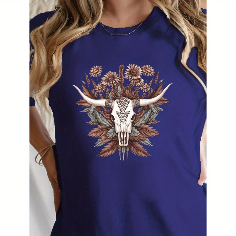 

Cow Skull With Floral Print T-shirt, Casual Crew Neck Short Sleeve Comfort Fit T-shirt For Spring & Summer, Women's Clothing