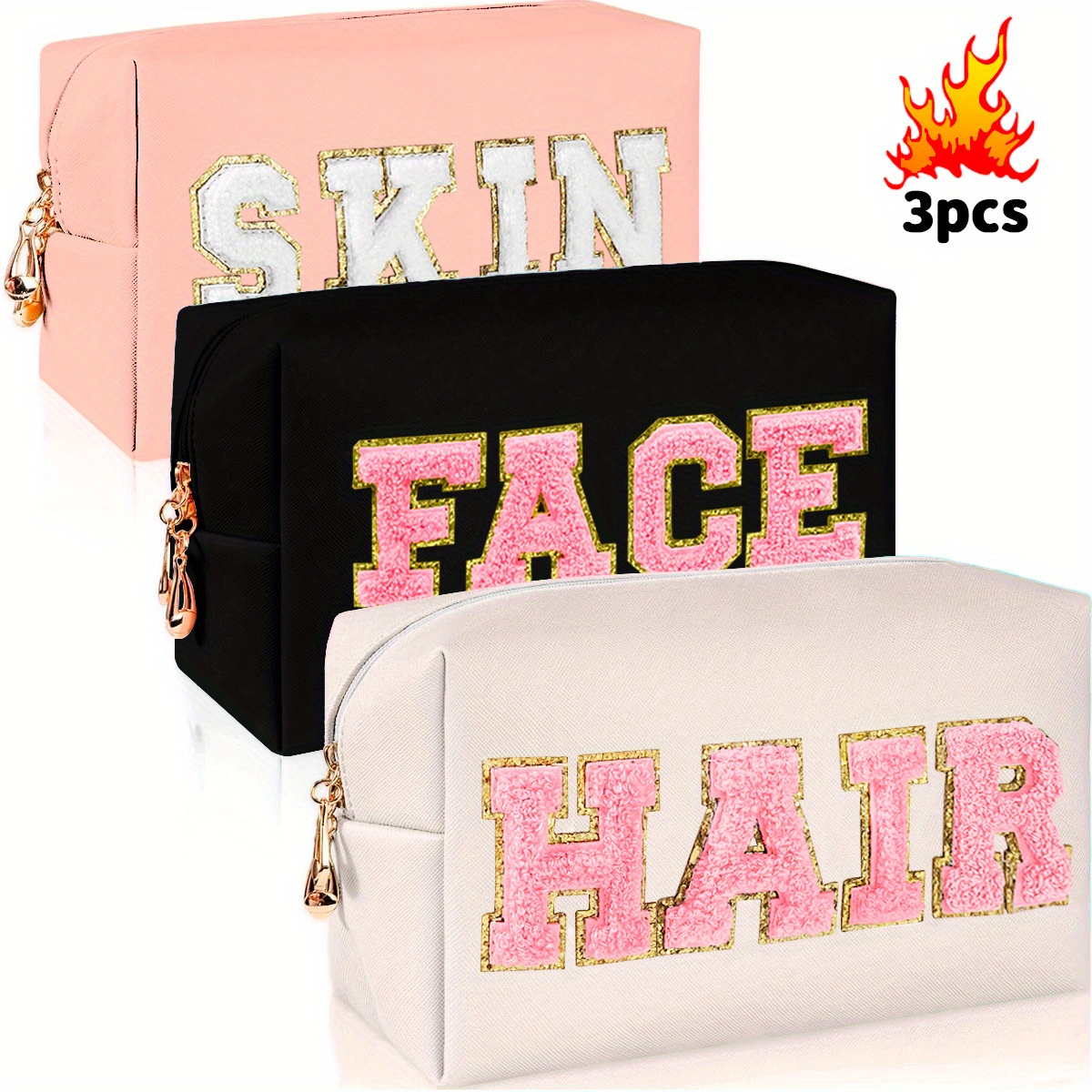 

3pcs Letter Embroideried Makeup Bag, Toiletry Storage Bag With Zipper, Travel Organizer For Skin, Hair, And Face Care