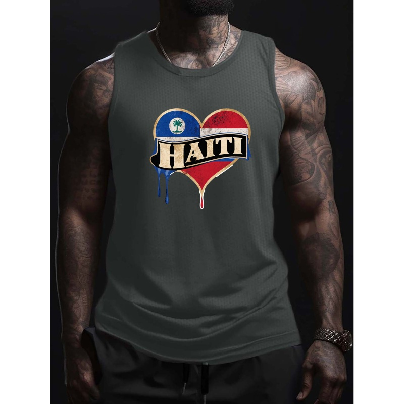 

Vintage Blue And Red Haiti Heart Design Print Men's New Trendy tank Top, Casual Sleeveless Athletic Tank Top, Breathable Comfy Tops, Quick Drying Mesh Standard Size Men's Vest