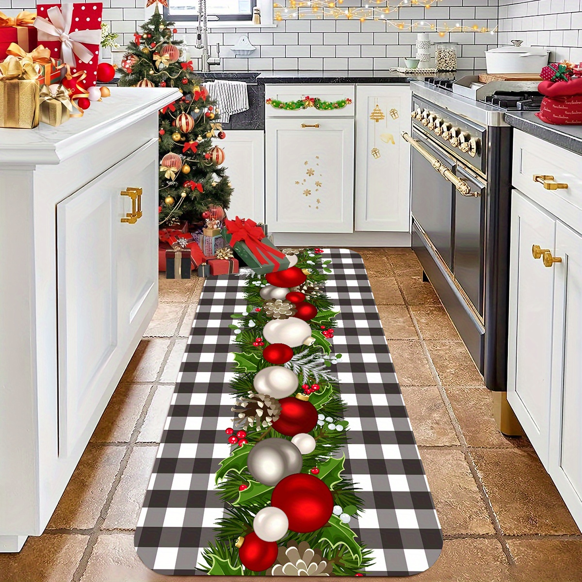 

Christmas Cheer Non-slip Kitchen Runner Rug - Black & White With Light Ball Design, Machine Washable Polyester Floor Mat For Decor