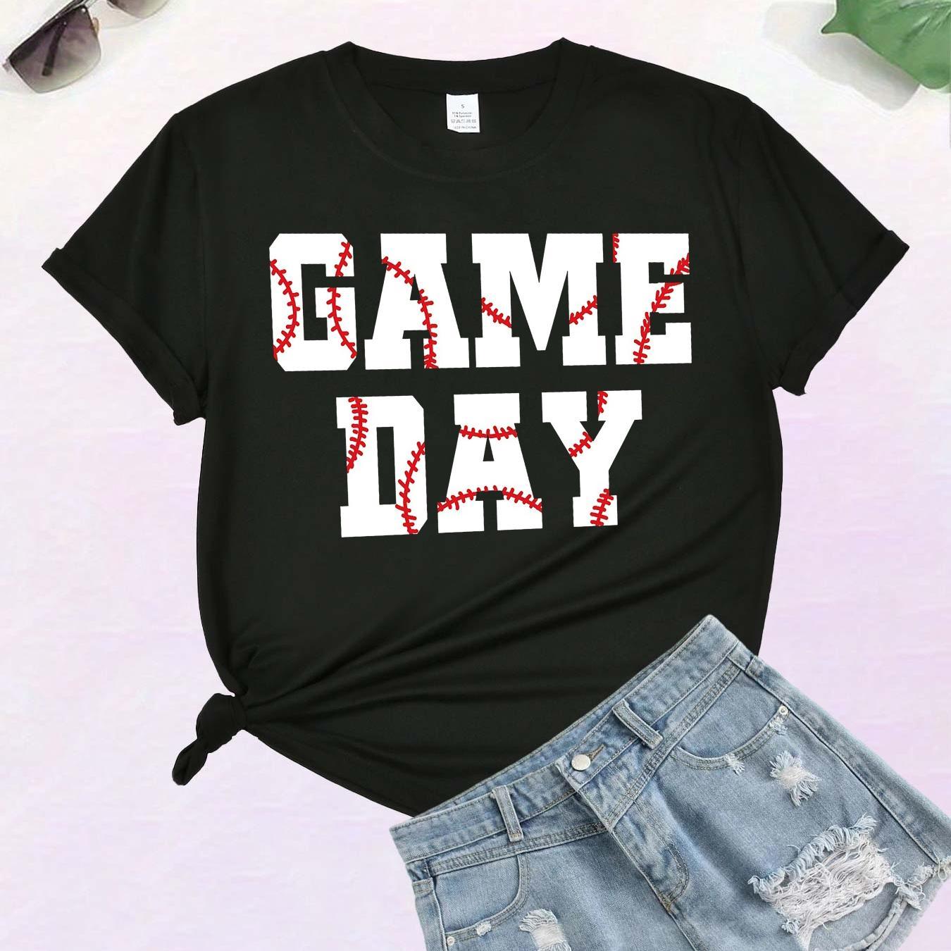 

Baseball & Letter Print Comfy T-shirt, Round Neck Short Sleeve Sports Tee, Women's Activewear