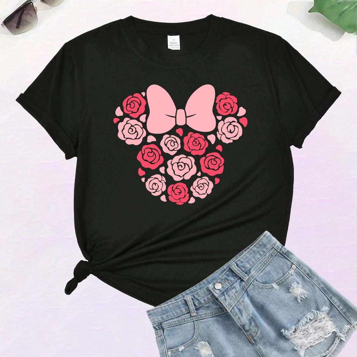 

Floral Cartoon Mouse Print Comfy T-shirt, Round Neck Short Sleeve Sports Tee, Women's Activewear