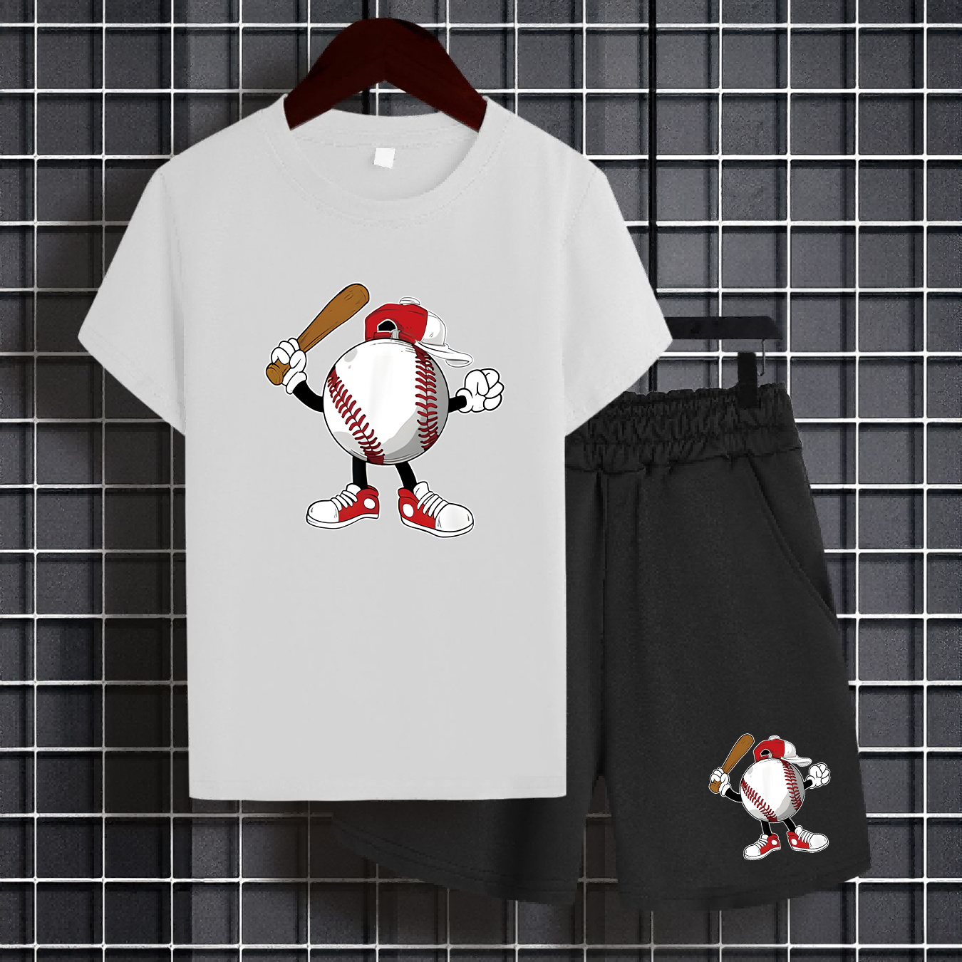 

2pcs Boy's Summer Casual Set - Cartoon Baseball Graphic Short Sleeve T-shirt + Shorts Comfy Sports Co-ord Set As Gift