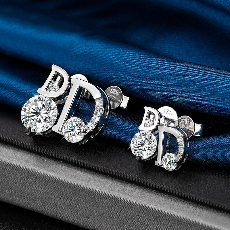 TEMU Moissanite Earrings For Women, Trendy Fine Bridal Jewelry Fashion 925 Sterling Silver Vvs Moissanite Diamond Asymmetric Letter D Stud Earrings For Women, Jewelry Gifts For Women Girls Ladies