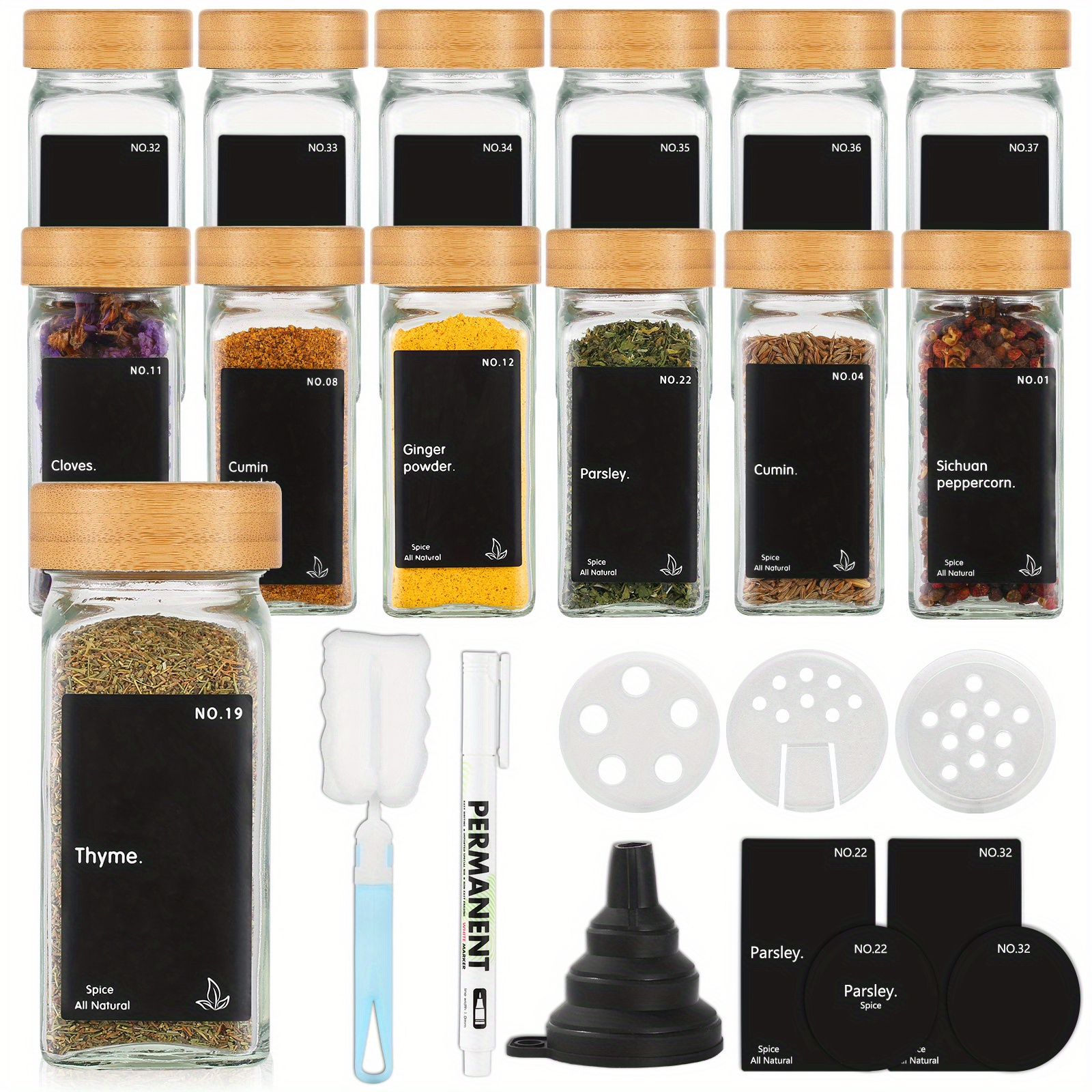 spice jars labels square glass jars bamboo lids black Temu Portugal