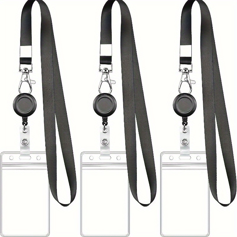 

1pc Pvc Badge Holder With Retractable Reel, Black Lanyard, And Clip For Id & Access Pass Security